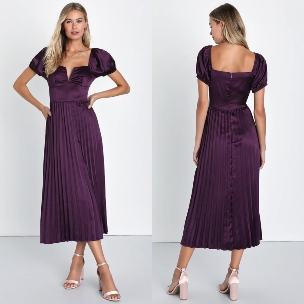 Lulus Flawless Forever Dark Purple Satin Pleated Midi Dress M Wedding Party Prom - Picture 1 of 9